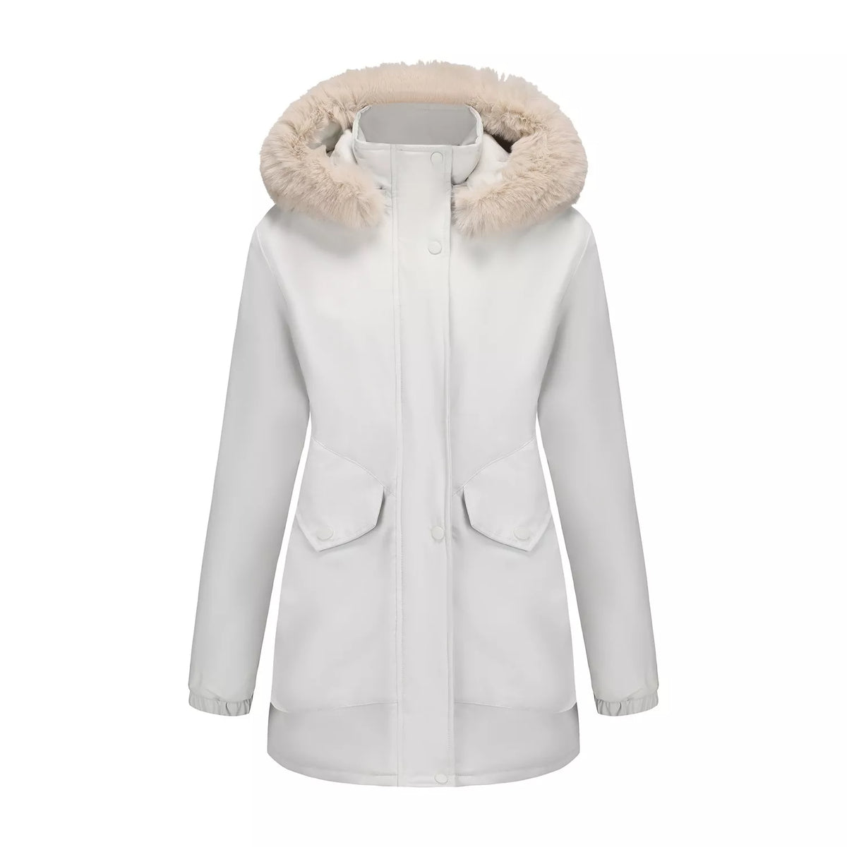 White hooded winter parka with faux-fur trim, button front, and dual chest pockets