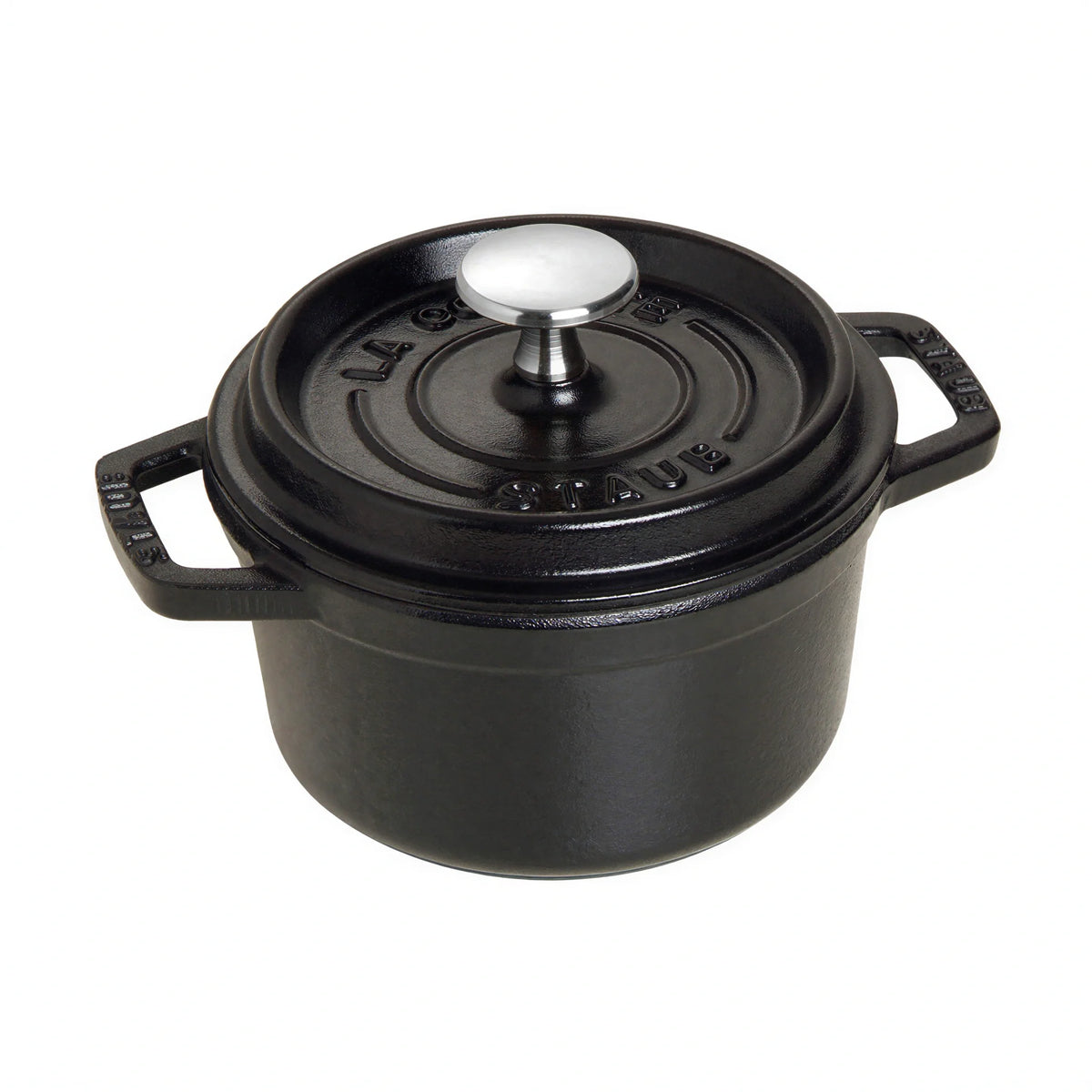 Staub enameled cast iron Dutch oven, black matte with lid and side handles