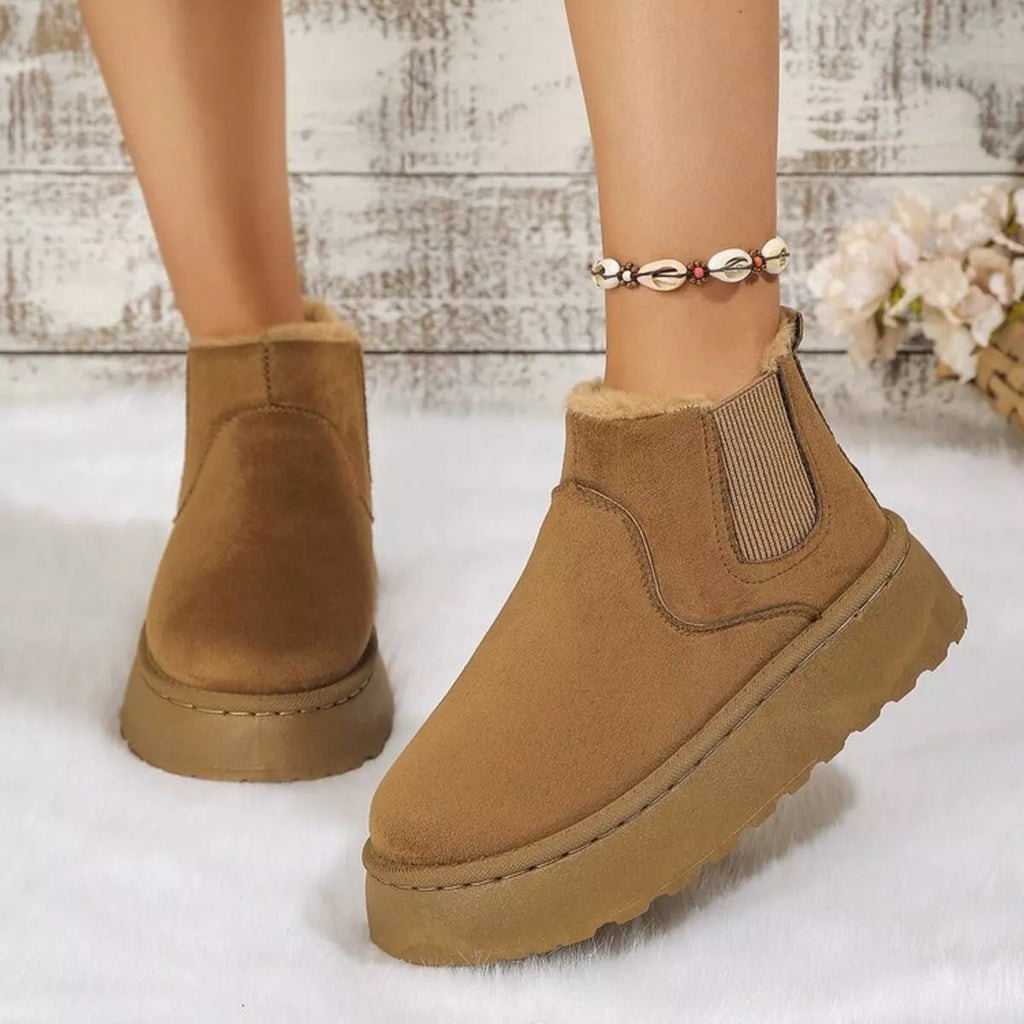 Tan suede platform ankle boots with round toe, side elastic gore, and faux fur lining