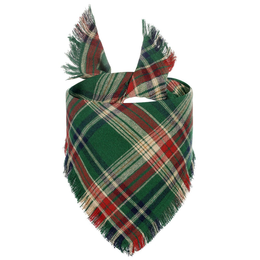 Triangle plaid dog bandana with tassel edges, green and red
