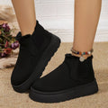 Black platform ankle boots with round toe, elastic gore, and faux fur trim