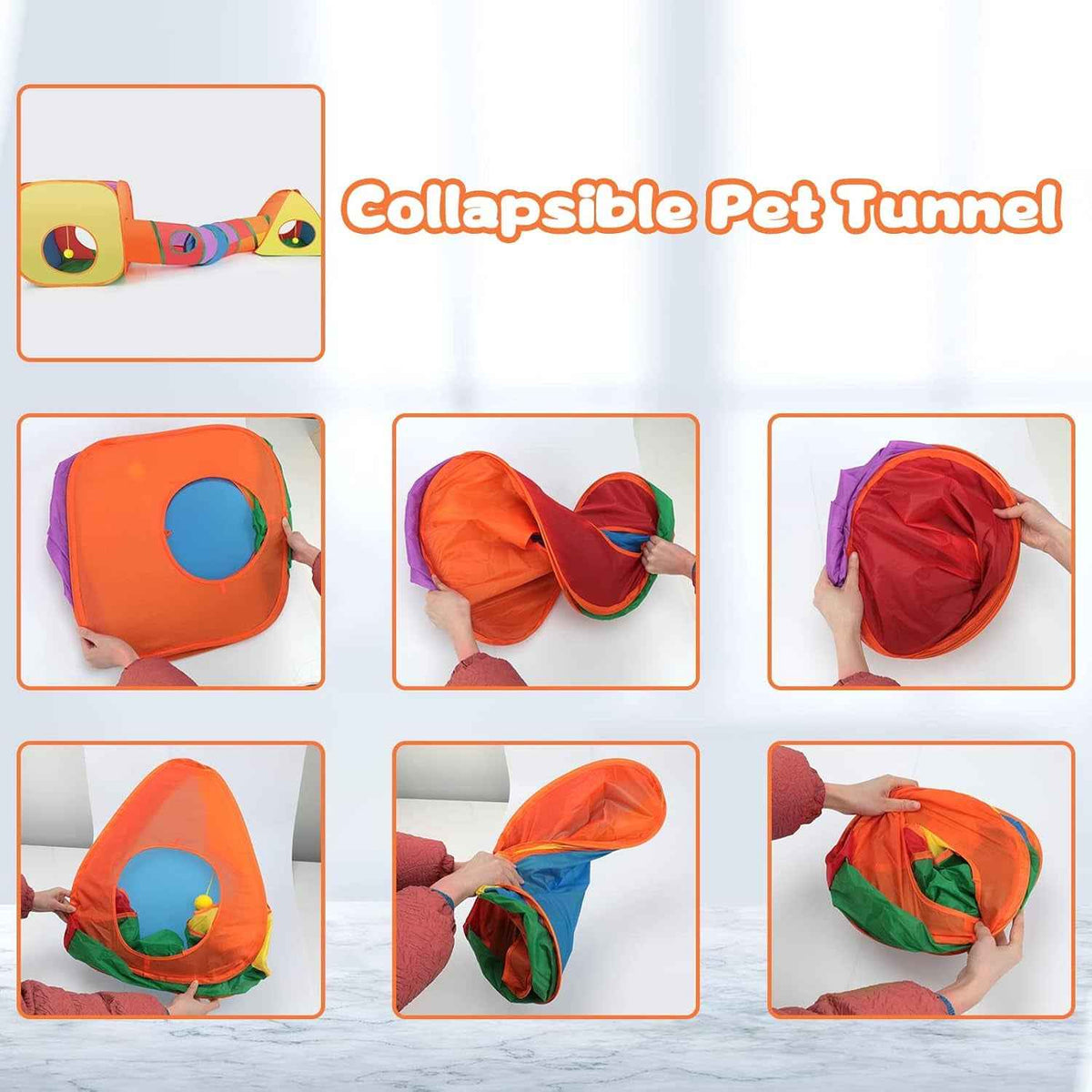Rainbow collapsible pet play set shown folding into a compact bundle