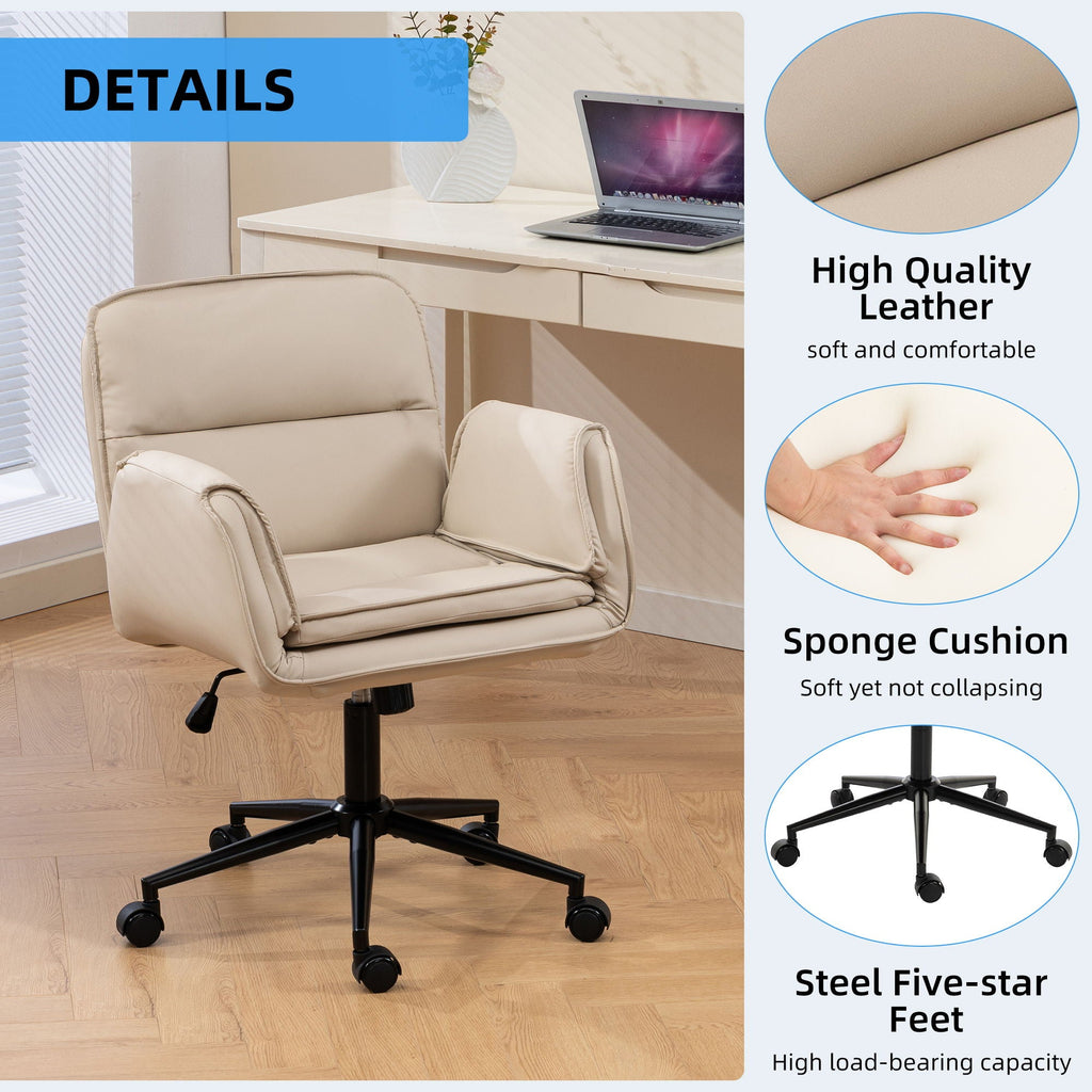 Beige swivel desk chair with cushion and five-star base with caster wheels