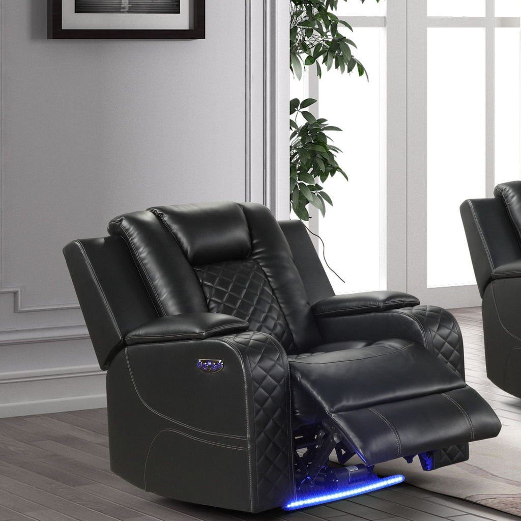 Black LED power recliner chair with quilted back, side control panel, blue LED base