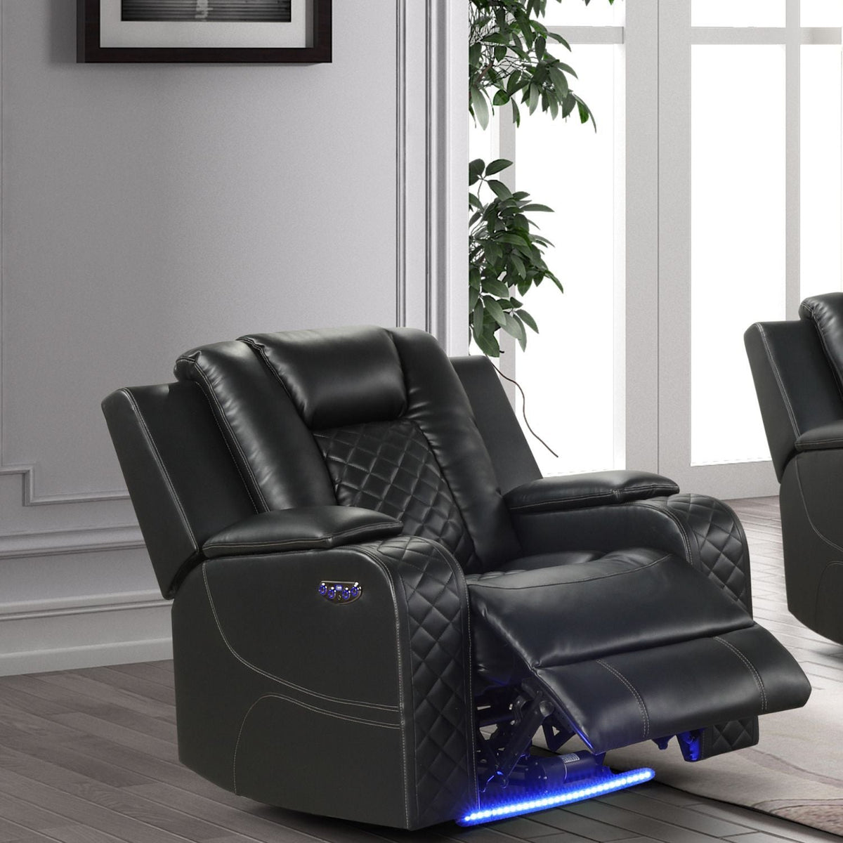 Black LED power recliner chair with quilted back, side control panel, blue LED base