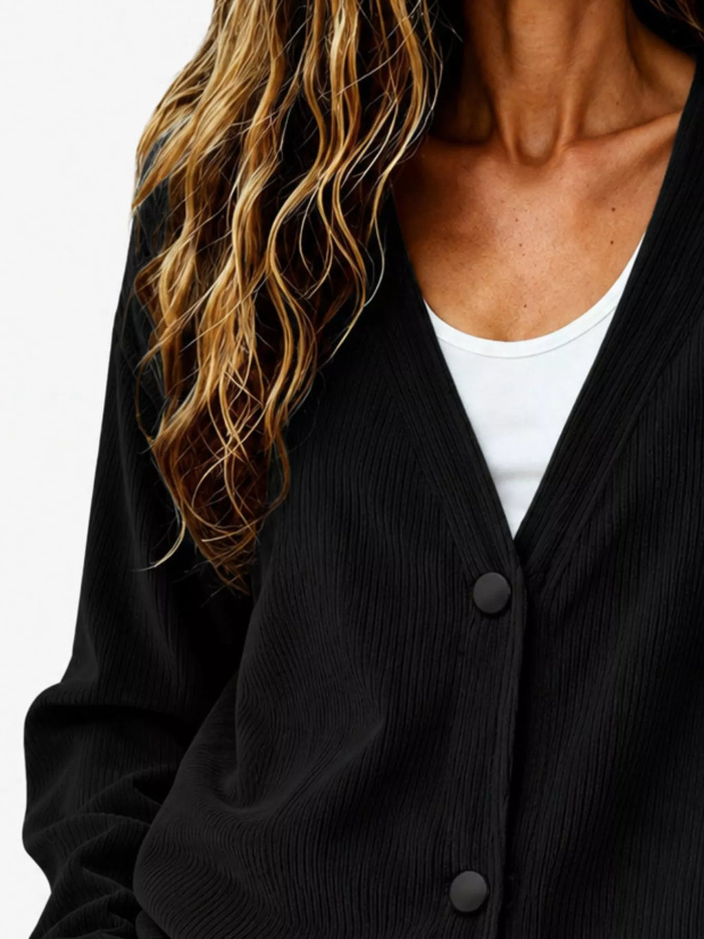 Black corduroy button-up cardigan close-up with dark buttons and V-neck