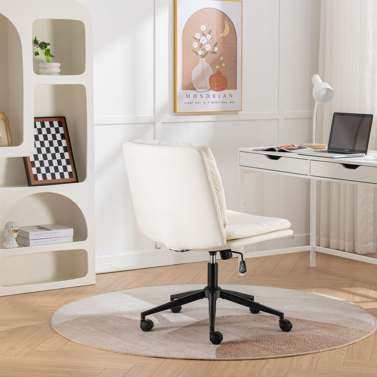 White adjustable swivel office chair with cushioned seat and back, black cross-base.