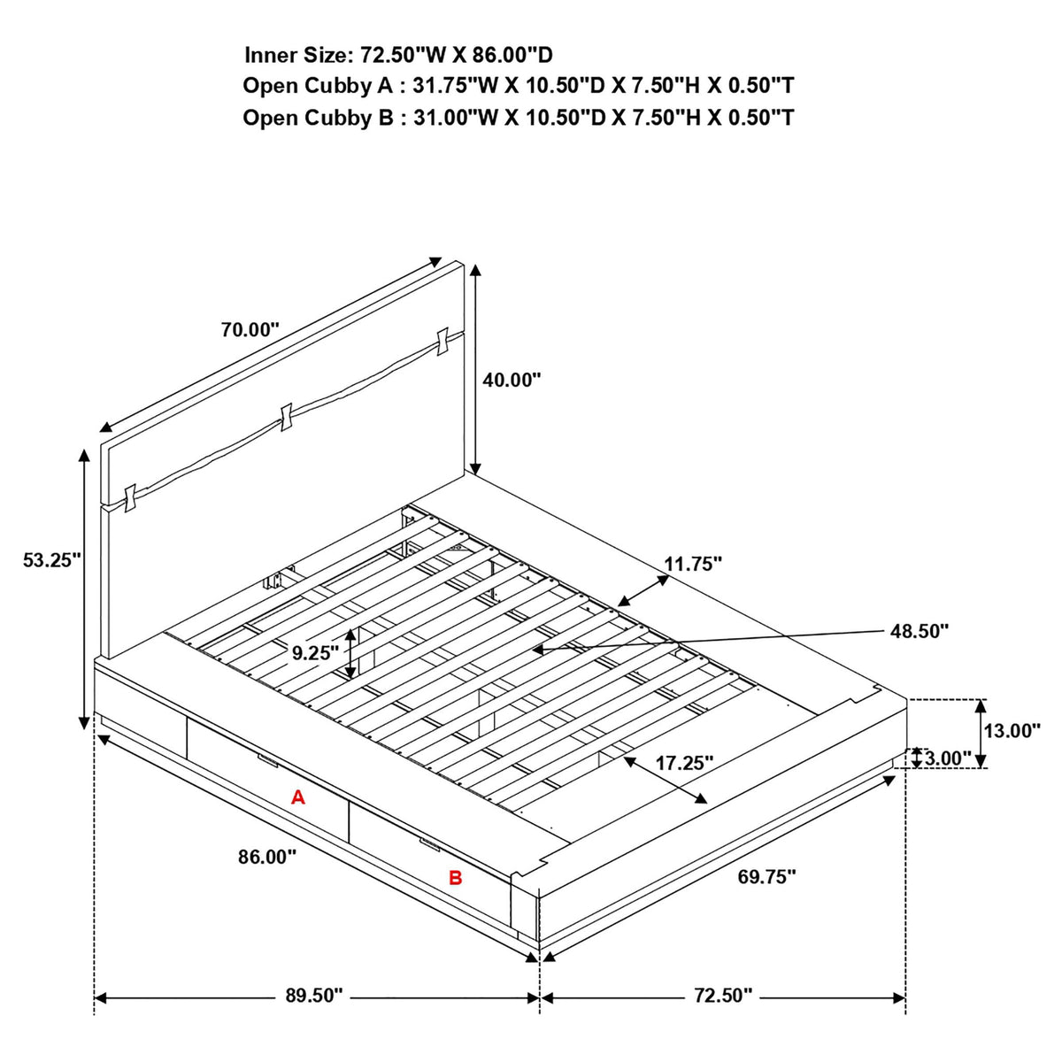 Queen bed frame dimensions diagram with open slats and guard rails