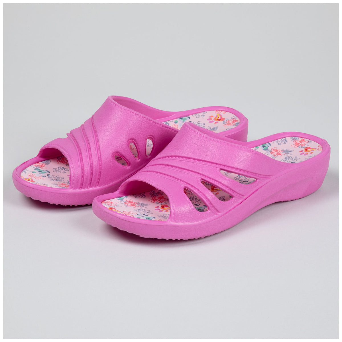 Pink slide sandals with paw graphic insoles and cutout straps