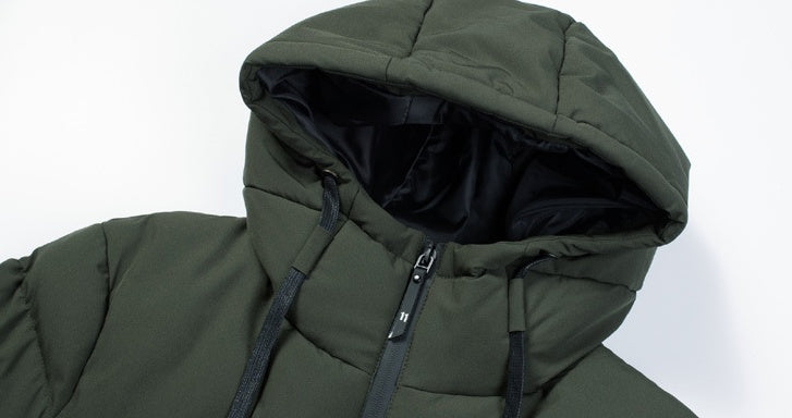 Hooded heated cotton coat with open hood, dark green