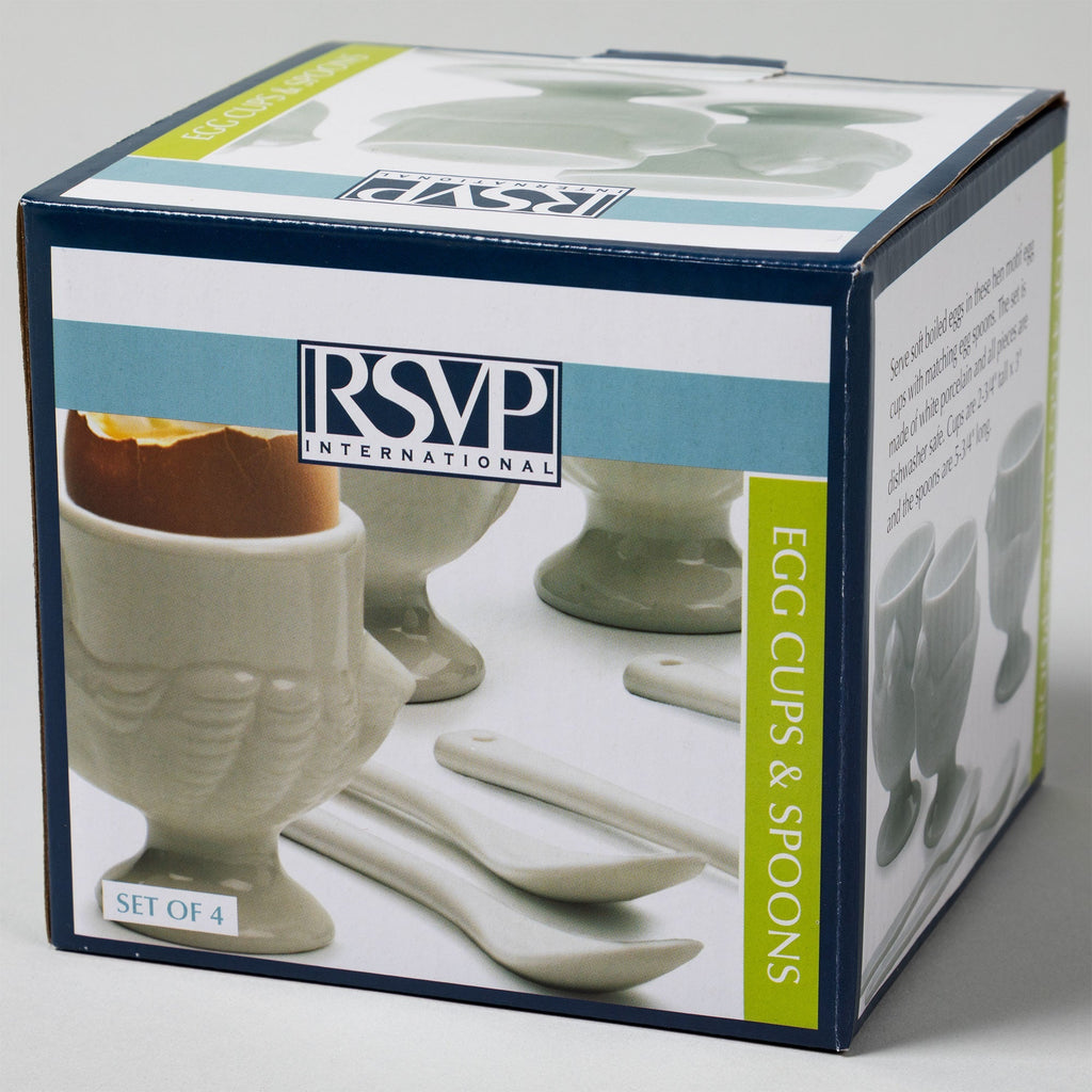 Porcelain egg cup and spoon set of 4 box with illustrated cups and spoons, RSVP