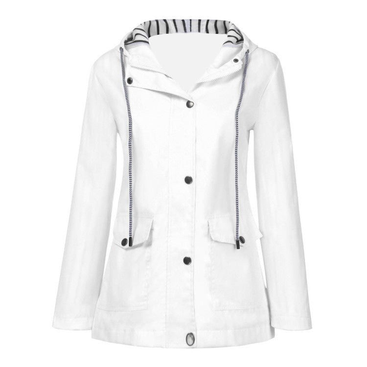 Three-in-one waterproof jacket in white, hood with striped lining and drawstrings
