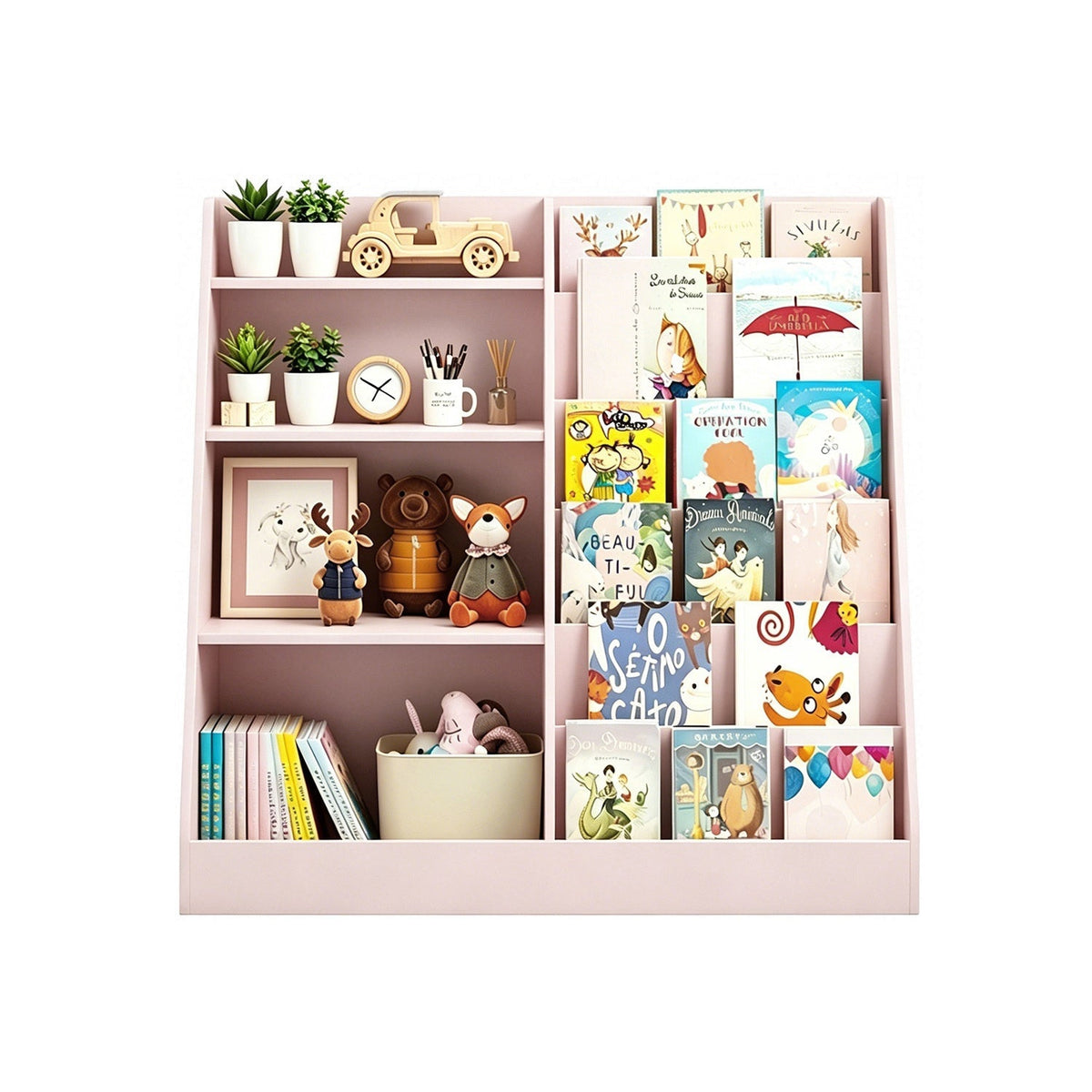 Pink kids bookshelf organizer with open cubbies for toys and books