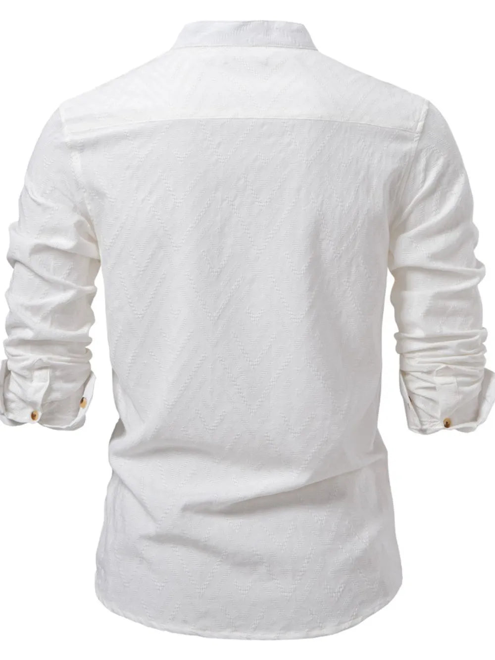 Men's half-button texture collared shirt, white, back view with stand collar