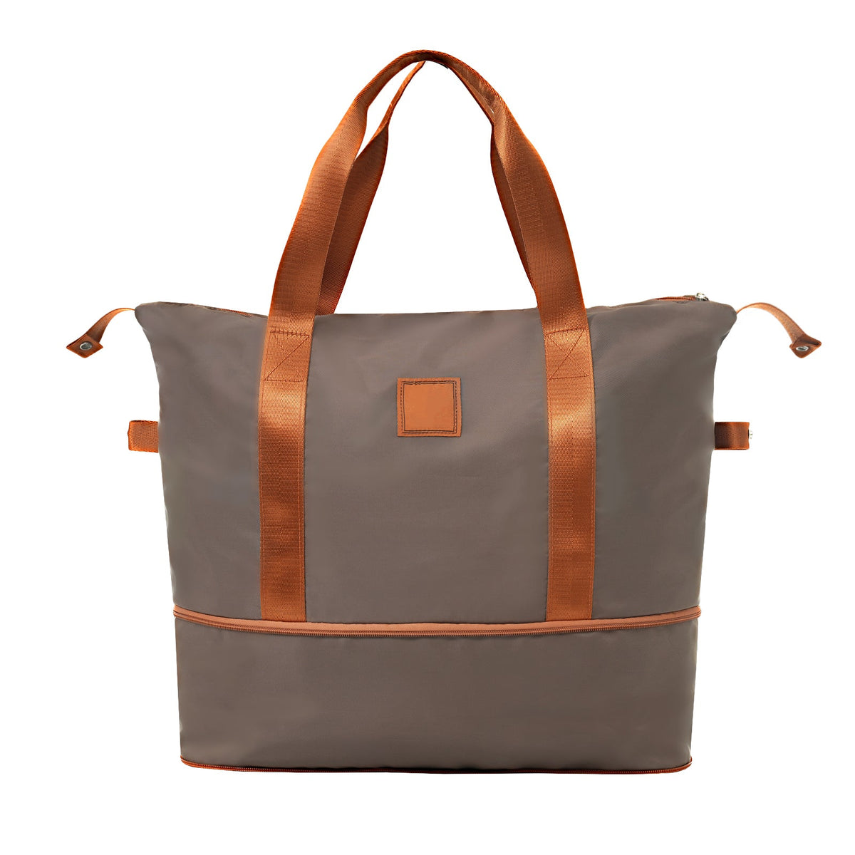 Gray and copper duffel bag with top handles and side straps