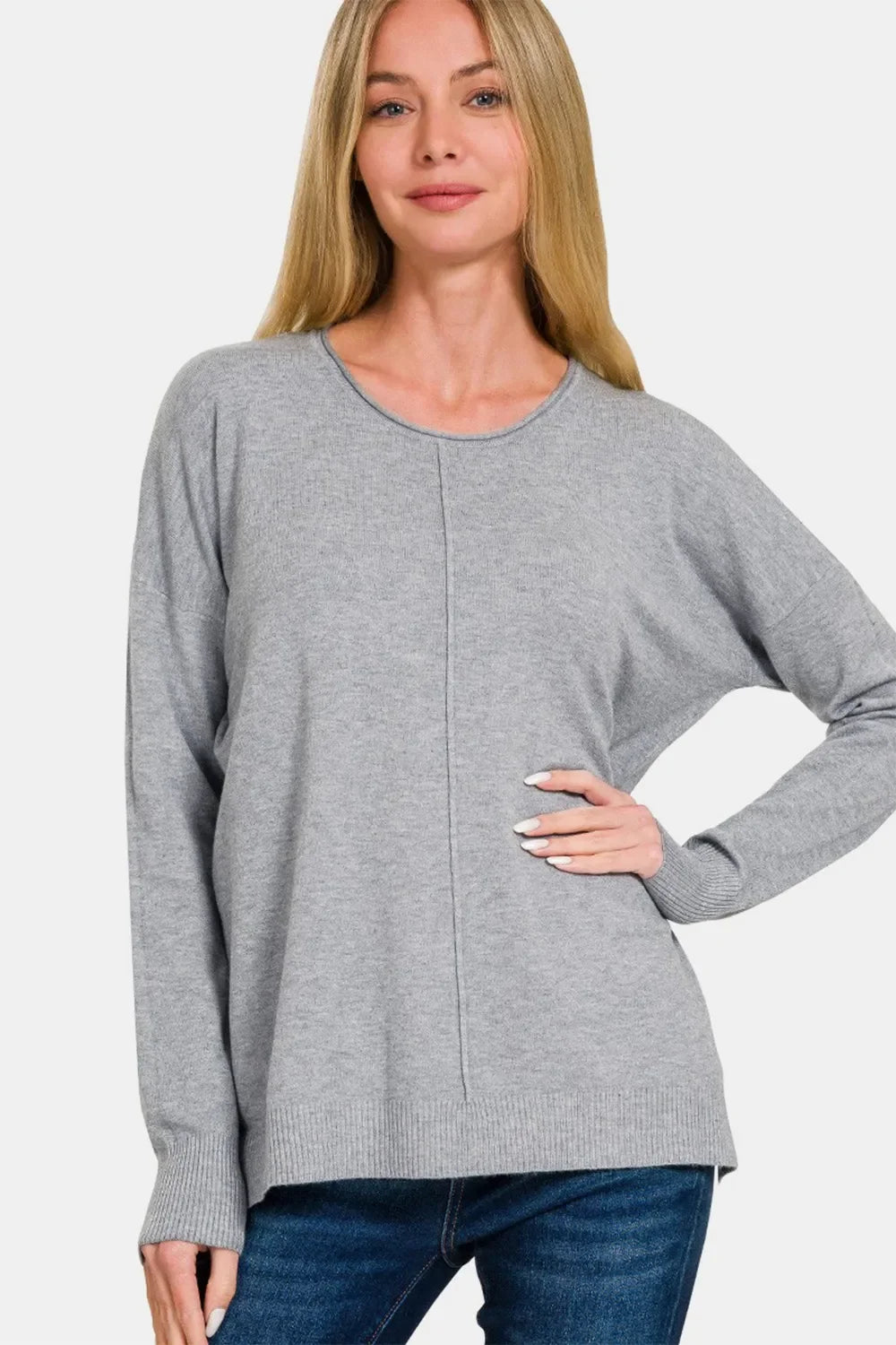 Gray front-seam round-neck sweater with long sleeves, relaxed fit