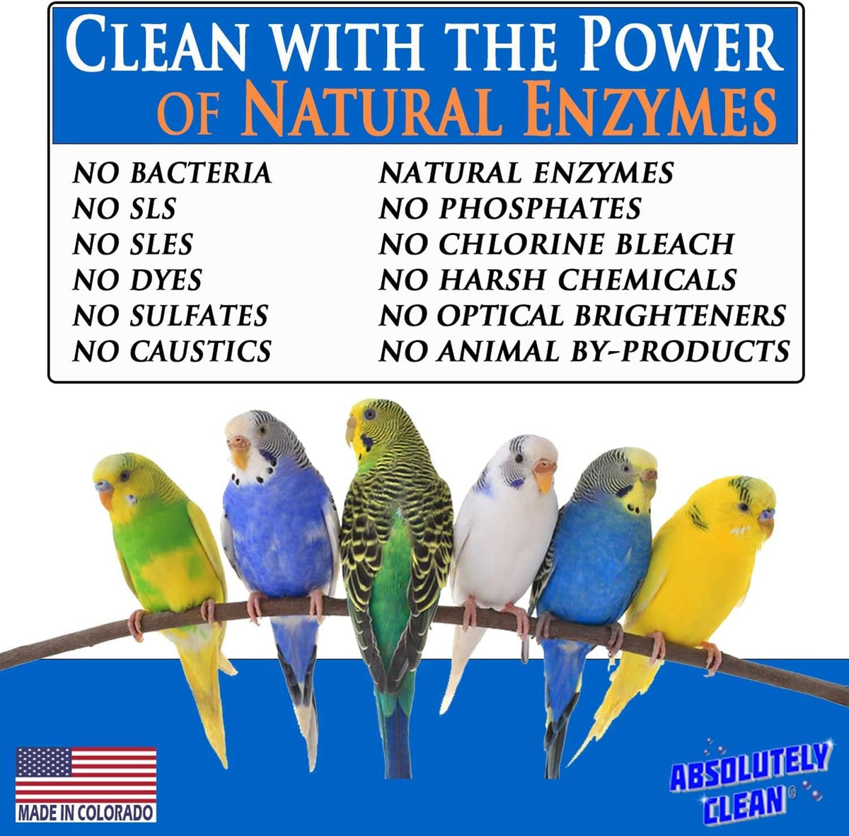Bird cage cleaner and deodorizer with natural enzyme and ingredient information