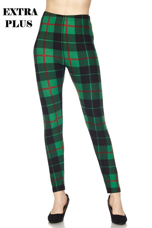 Plus size brushed ankle leggings with green and red plaid print, full-length fit