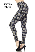 Plus-size brushed ankle leggings with navy and light blue snowflake print