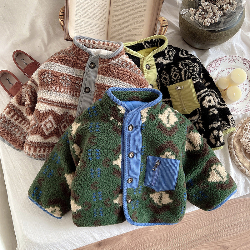Boys thick quilted plush top, green patterned sherpa with blue button placket and pocket