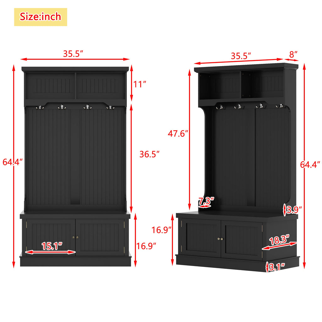 Black hall tree size diagram with height, width, and depth measurements.
