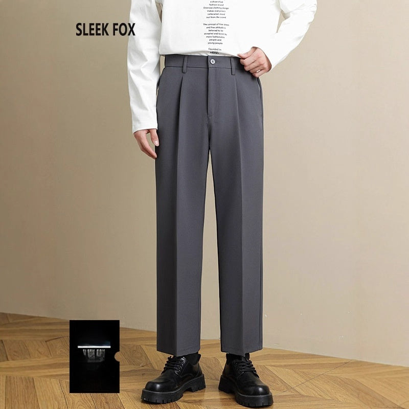 Men’s straight suit trousers, dark gray, draped front with belt loops and button closure