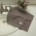 Embroidered paw wash cloth set of 4, gray towels with purple paw logo