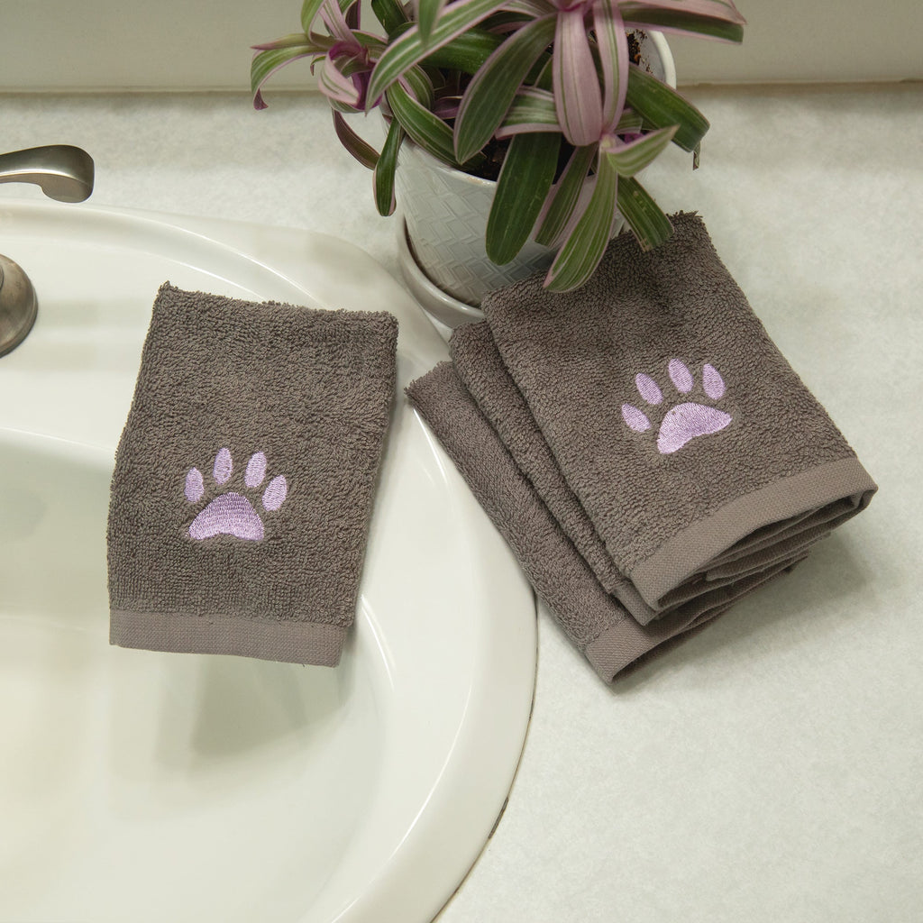 Embroidered paw wash cloth set of 4, gray towels with purple paw prints