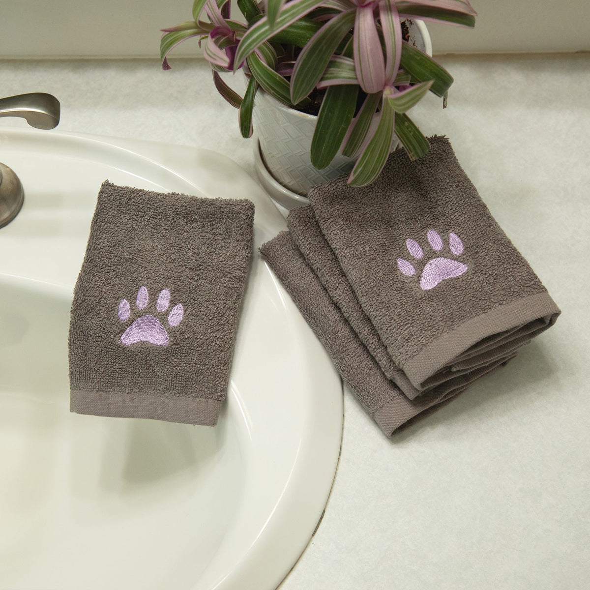 Embroidered paw wash cloth set of 4, gray towels with purple paw prints