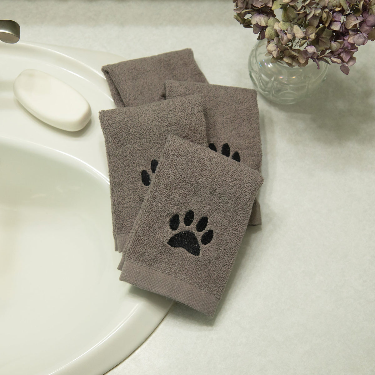 Embroidered paw wash cloths set of 4, gray towels with black paw prints