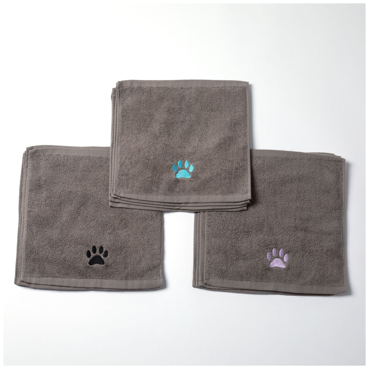 Embroidered paw wash cloth set of 4, gray towels with teal and purple paw prints