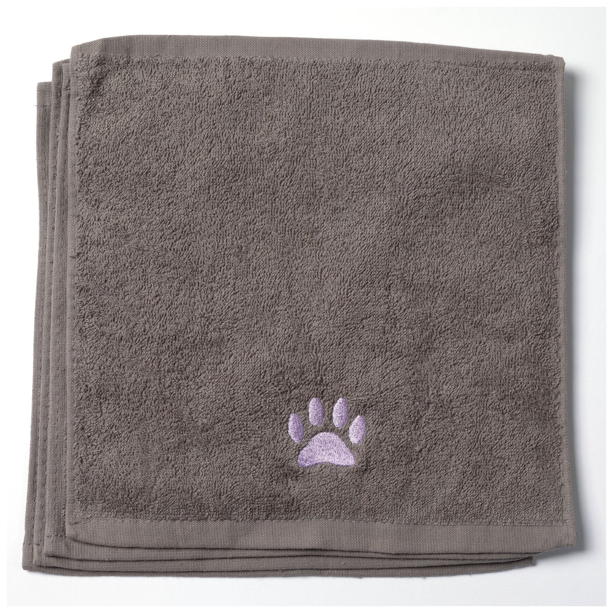 Embroidered paw wash cloth, gray towel with purple paw print on center