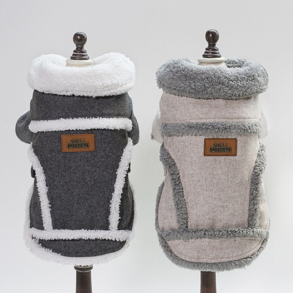 Dog winter fleece jacket set, dark grey and light grey with white trim and plush hood