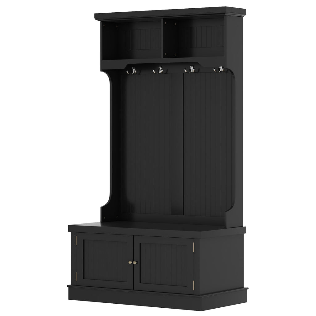 Black hall tree with arched cabinet panels, top storage, and 4 coat hooks.