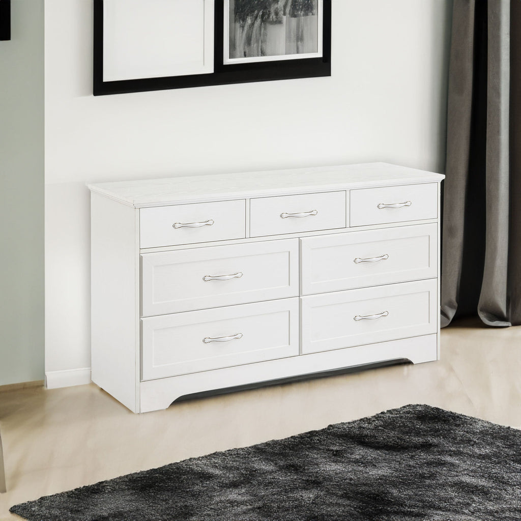 White bedroom dresser chest with multiple drawers and chrome metal bar pulls