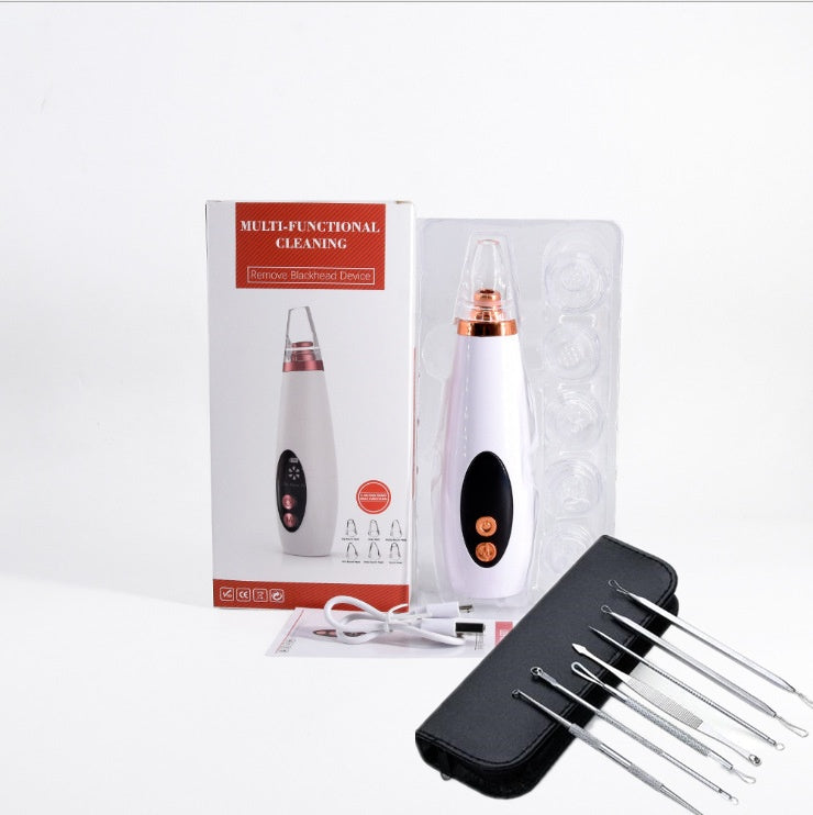 Rechargeable blackhead remover device kit with box, blister tray, tools, and USB cable.