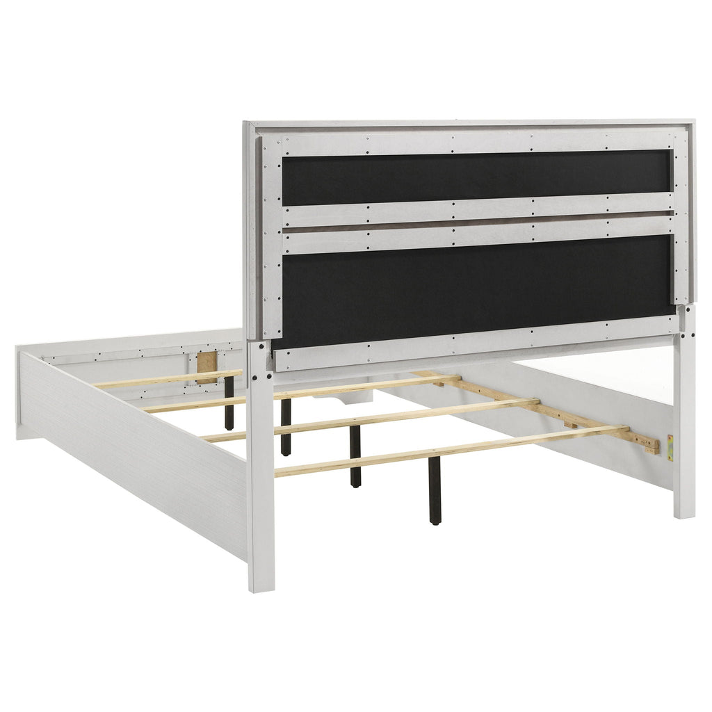 White queen bed frame underside with slat support and drawer-style panel