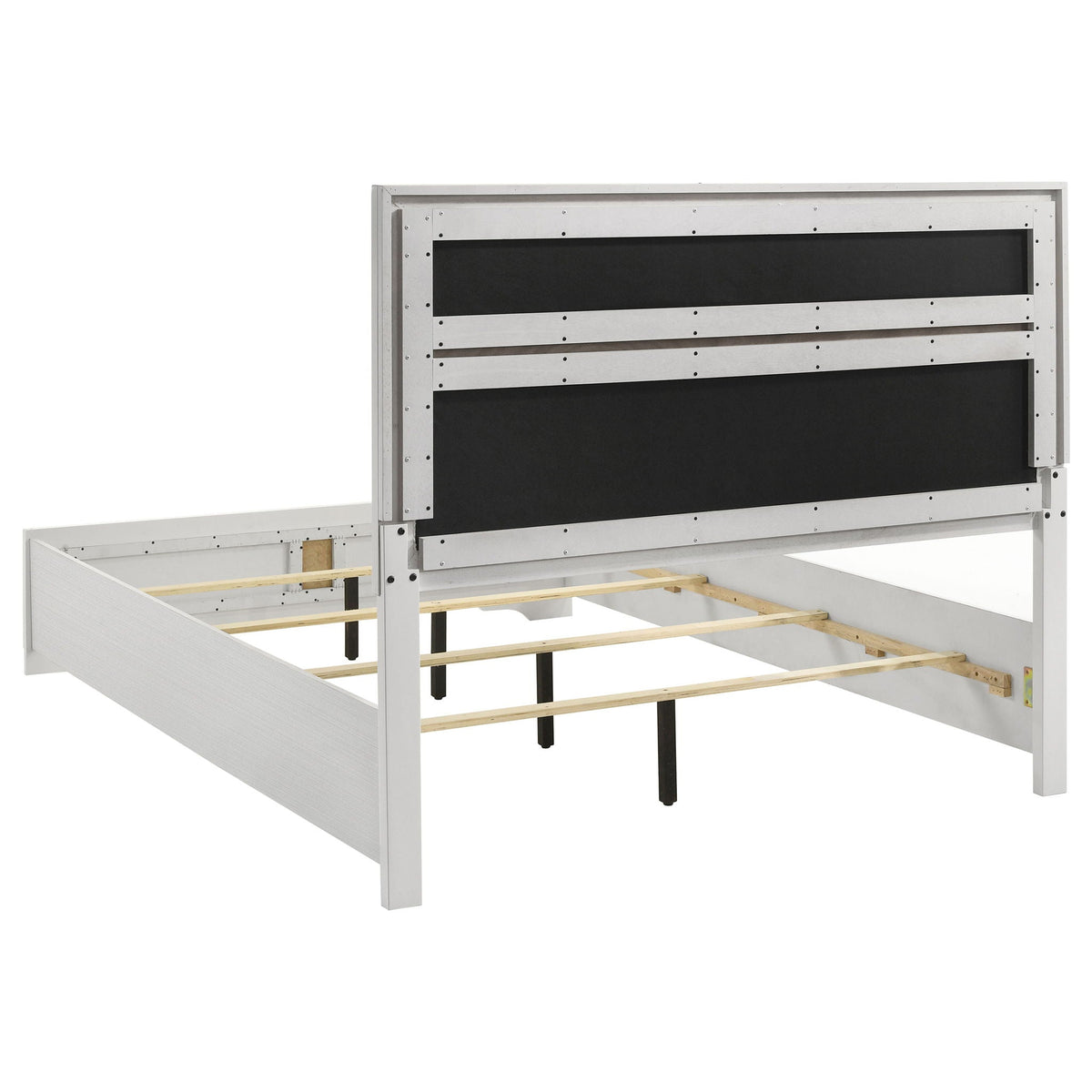 White queen bed frame underside with slat support and drawer-style panel
