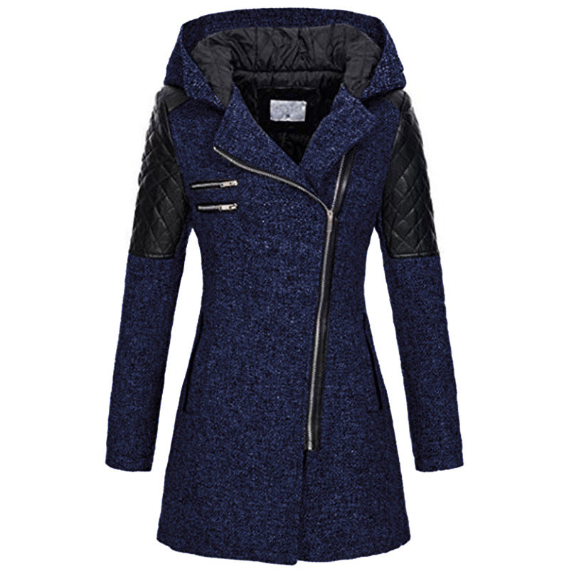 Women’s wool coat with hood, quilted sleeves, diagonal full zip, navy blue textured fabric