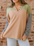 Color block thermal henley top in camel with green yoke and gray long sleeves