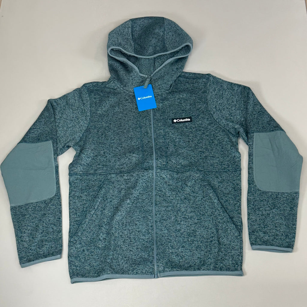 Men's heather teal fleece full-zip jacket with hood and zip front