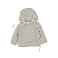 Light patterned hooded baby jacket with front placket and bow-tie hem