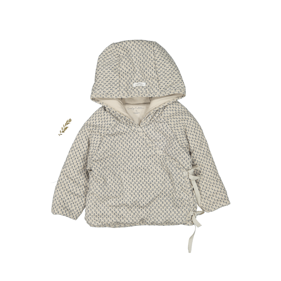 Light patterned hooded baby jacket with front placket and bow-tie hem
