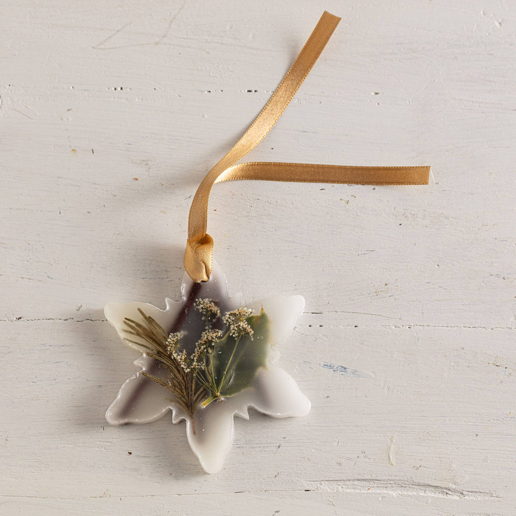 Floral botanical sachet ornament with ribbon loop, white flower, dried greenery accents