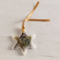 Floral botanical sachet ornament with ribbon loop, white flower, dried greenery accents