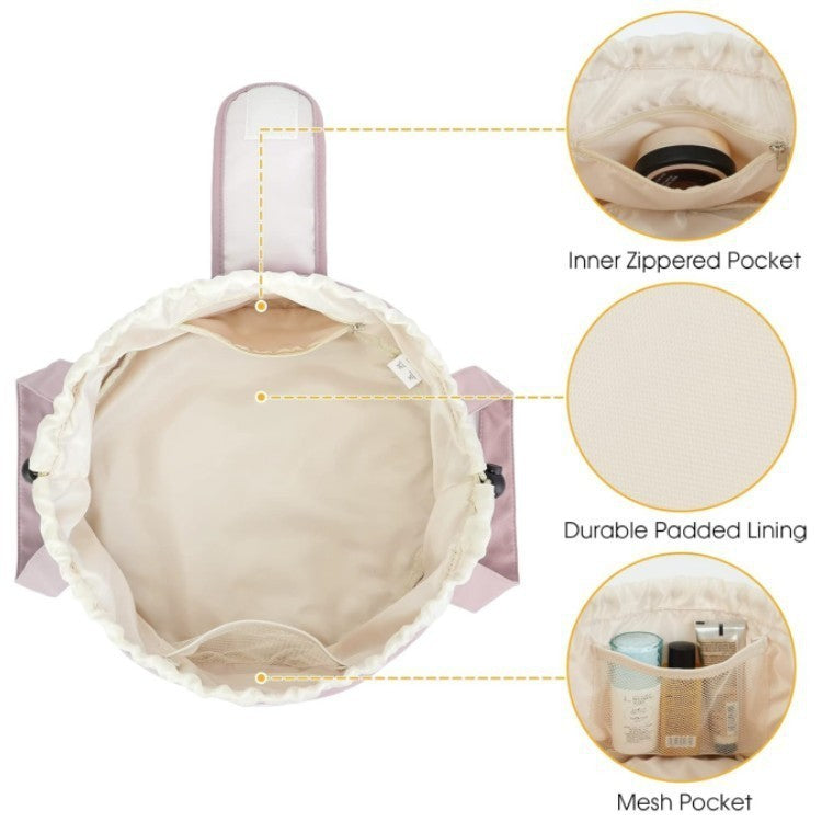 Lavender makeup bag interior with inner zipper pocket, mesh pocket, and padded lining
