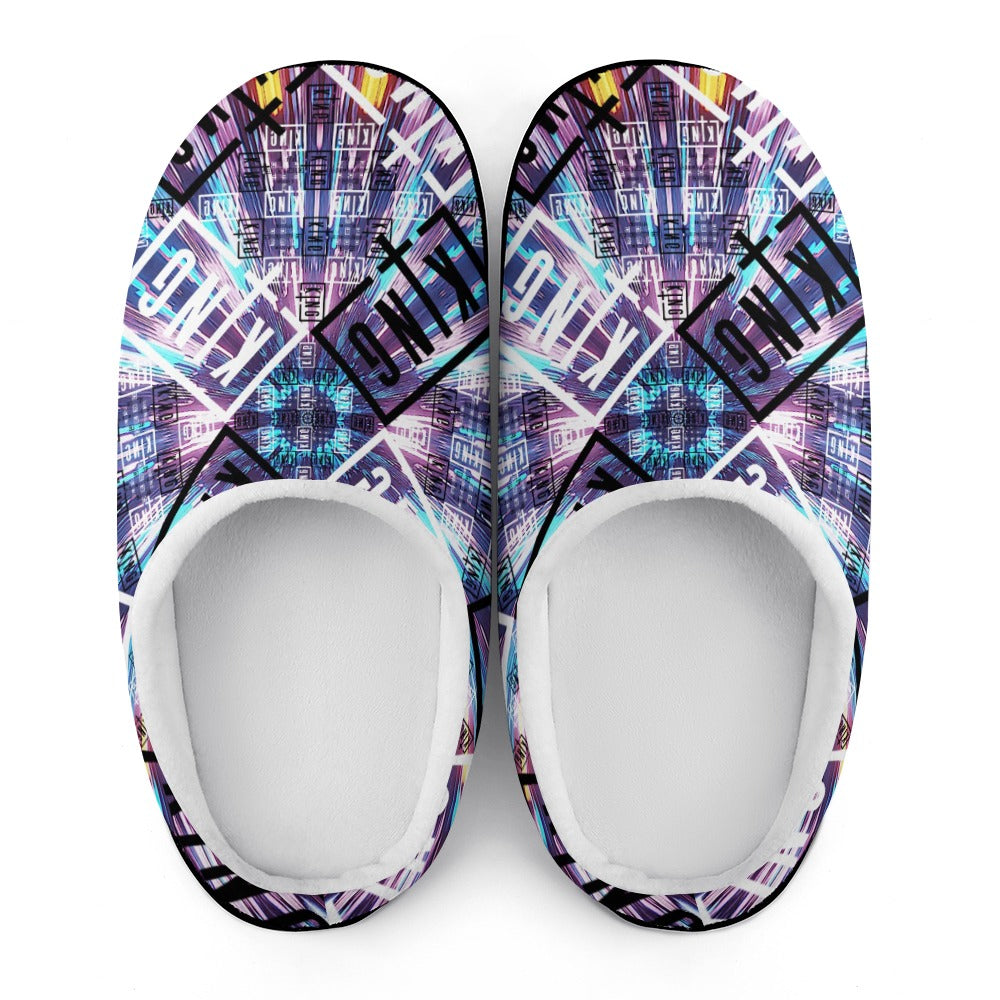 Pair of slip-on slippers with purple-blue grid neon graphic print and white lining
