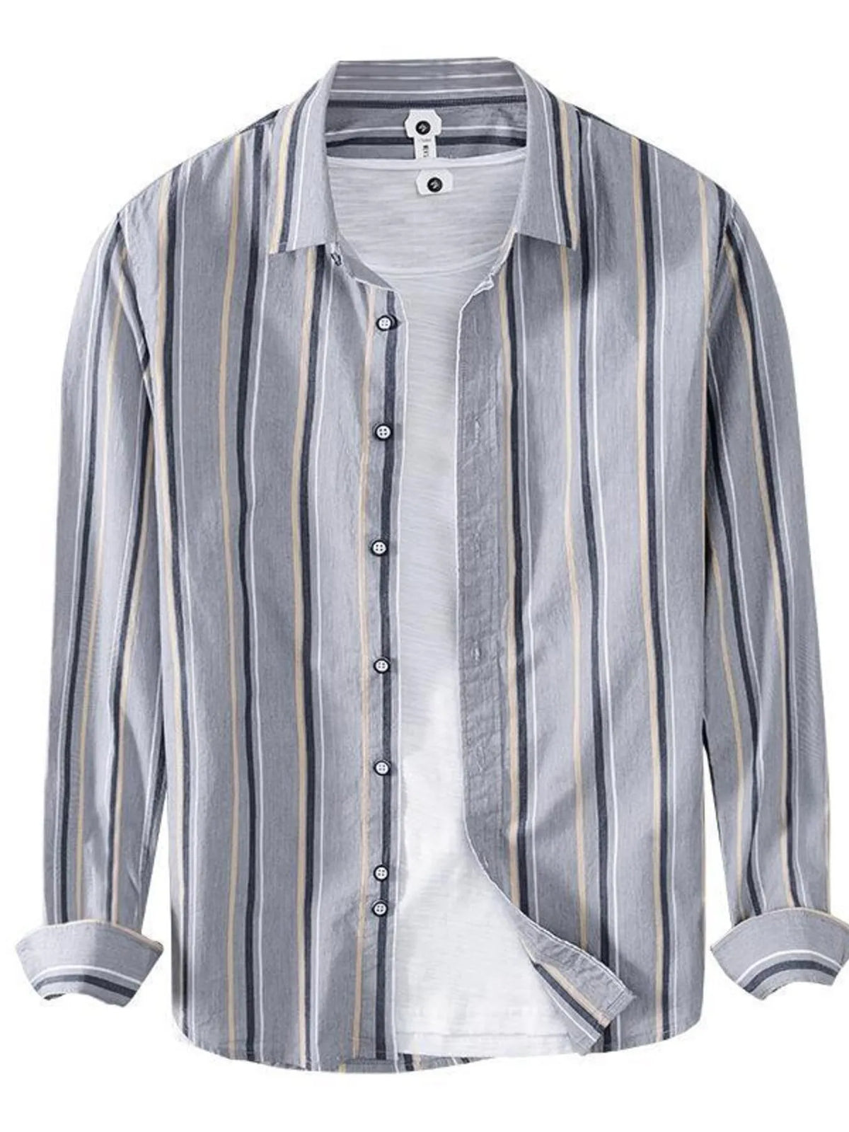 Men's light gray vertical striped button-up long-sleeve shirt with front buttons.