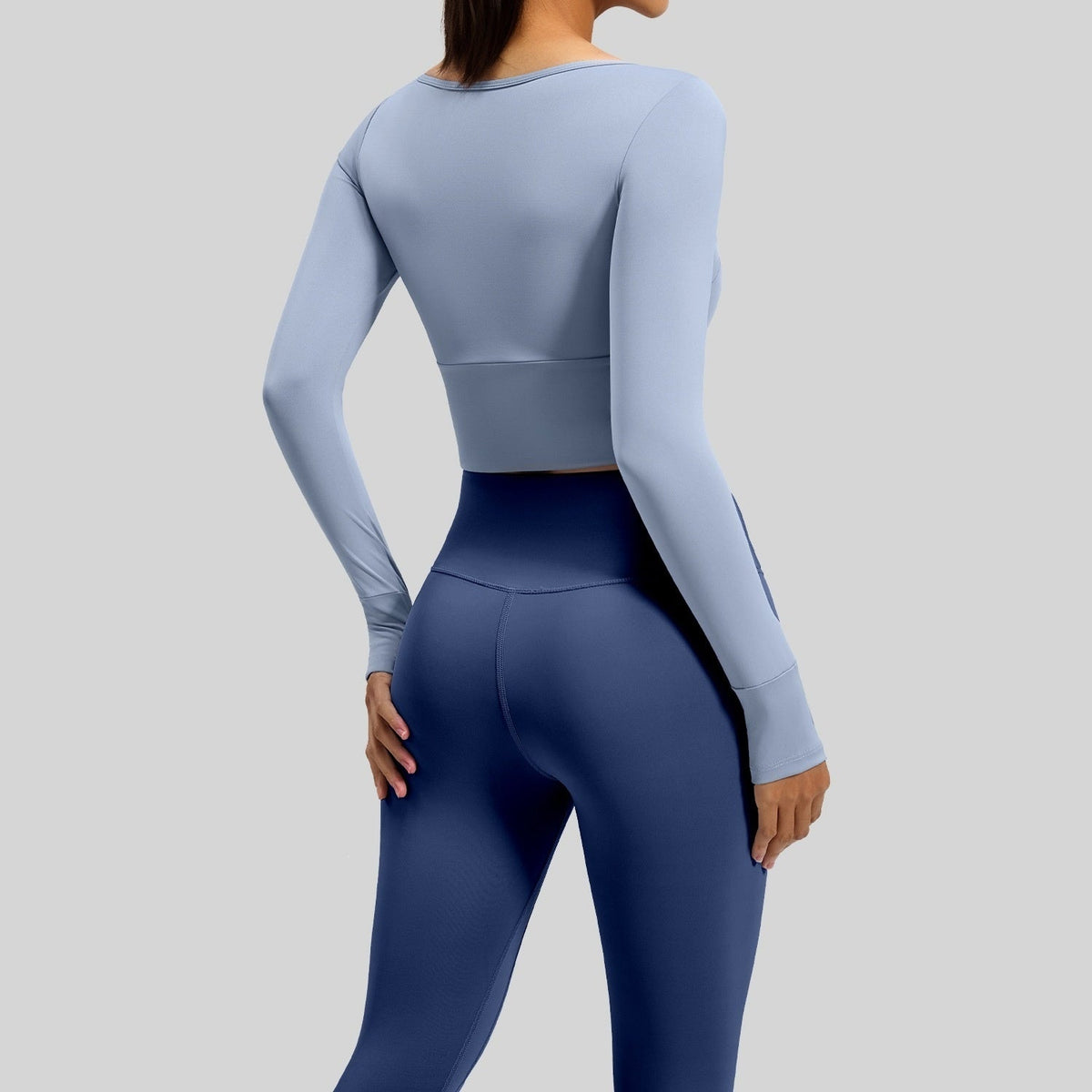 Seamless long-sleeve yoga set, light blue back crop top and navy high-waist leggings