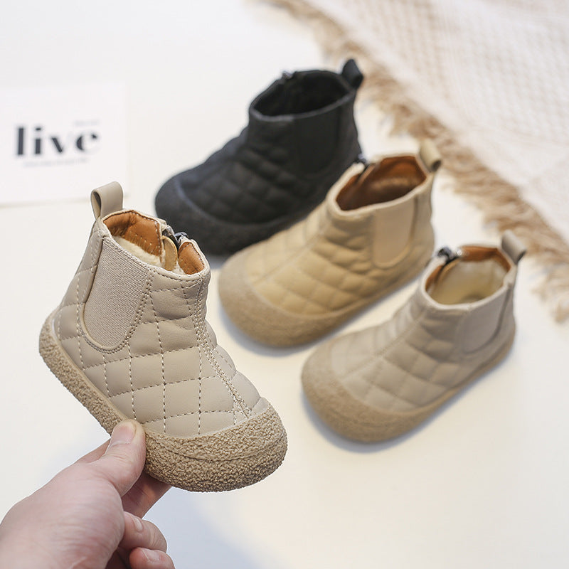 Soft-soled cotton child boots, light khaki with tan lining; pair also shows black boots